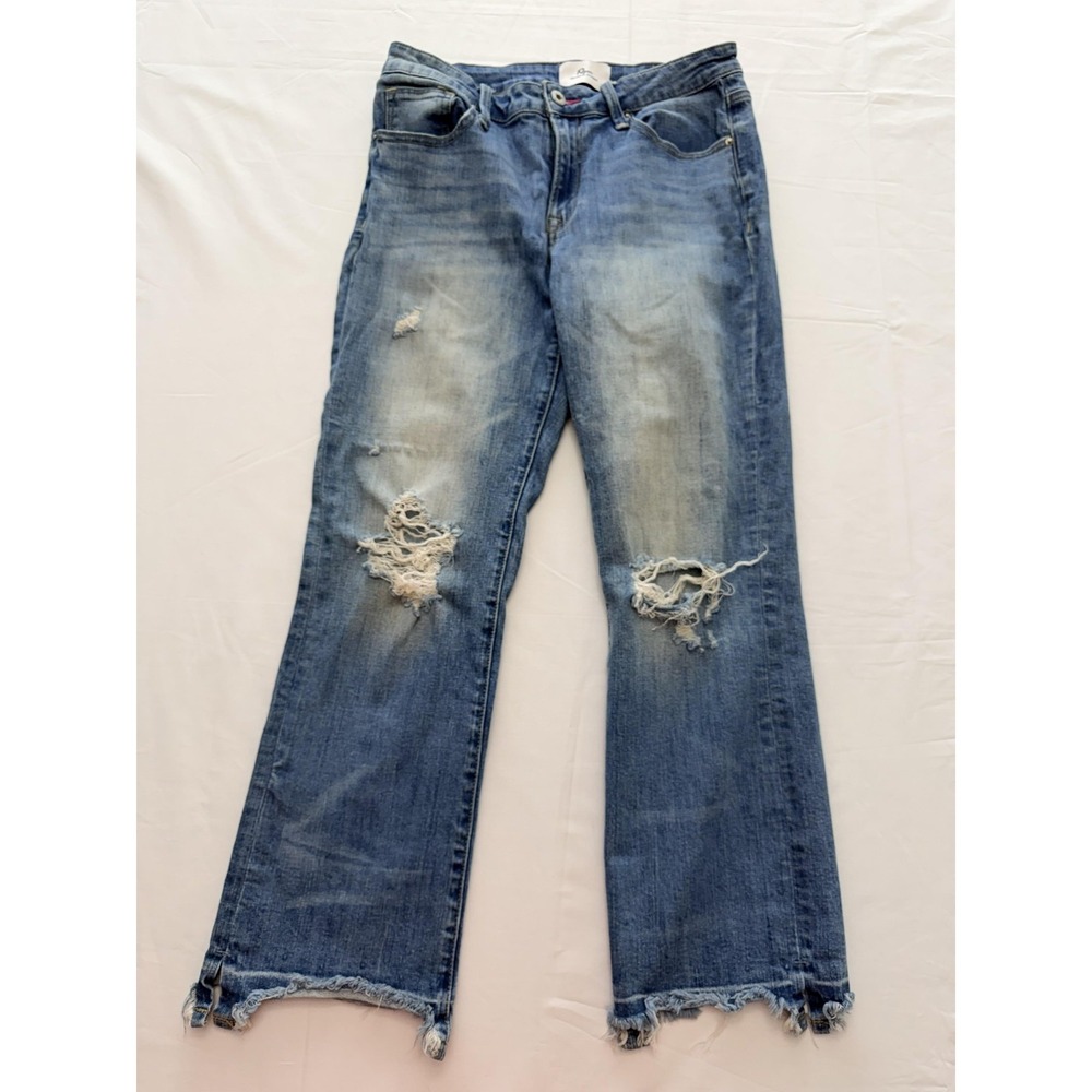 A2 Jeans‎ Straight Jeans Juniors 7 Blue Med Wash Mid Rise Distressed 29x31.5